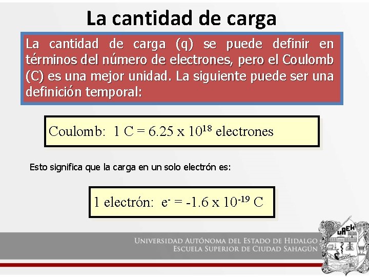 La cantidad de carga (q) se puede definir en términos del número de electrones,