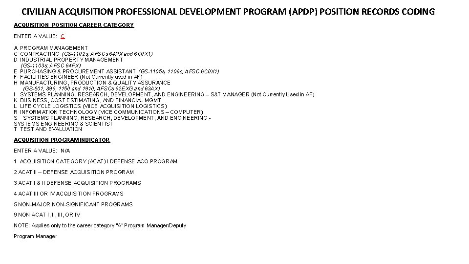CIVILIAN ACQUISITION PROFESSIONAL DEVELOPMENT PROGRAM (APDP) POSITION RECORDS CODING ACQUISITION POSITION CAREER CATEGORY ENTER CIVILIAN ACQUISITION PROFESSIONAL DEVELOPMENT PROGRAM (APDP) POSITION RECORDS CODING ACQUISITION POSITION CAREER CATEGORY ENTER
