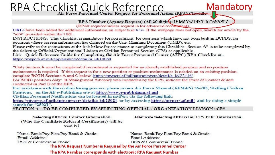 RPA Checklist Quick Reference Mandatory 16 MAY 5 ZDPC 0000685807 The RPA Request Number RPA Checklist Quick Reference Mandatory 16 MAY 5 ZDPC 0000685807 The RPA Request Number