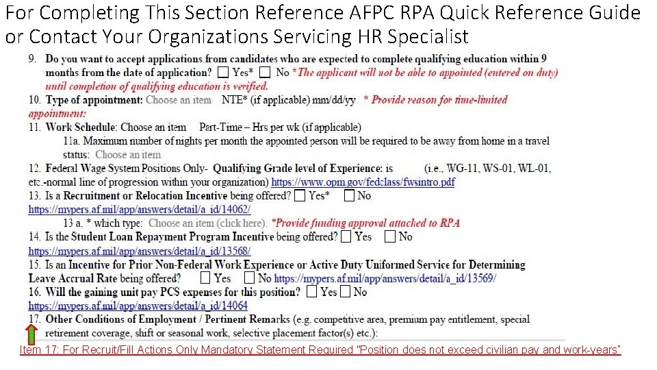 For Completing This Section Reference AFPC RPA Quick Reference Guide or Contact Your Organizations For Completing This Section Reference AFPC RPA Quick Reference Guide or Contact Your Organizations