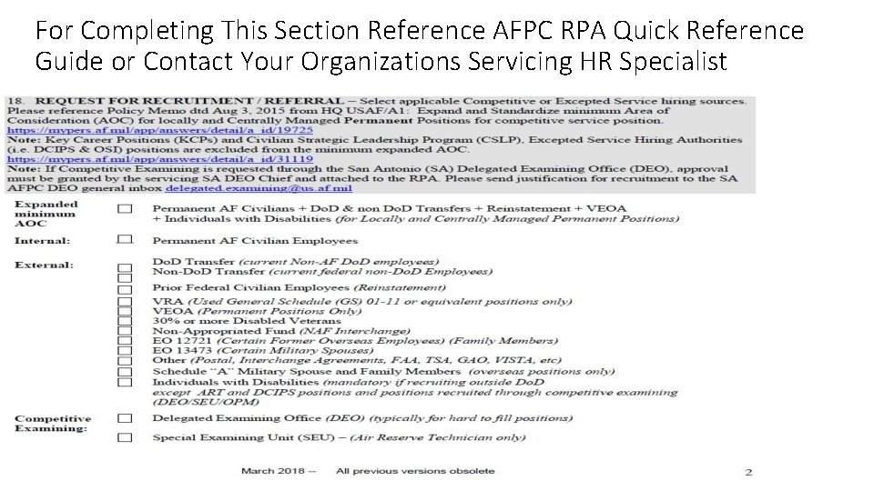 For Completing This Section Reference AFPC RPA Quick Reference Guide or Contact Your Organizations For Completing This Section Reference AFPC RPA Quick Reference Guide or Contact Your Organizations
