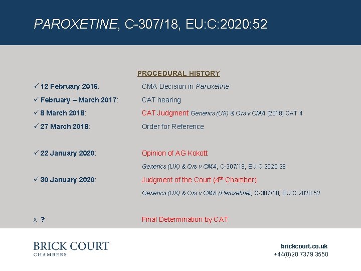 PAROXETINE, C-307/18, EU: C: 2020: 52 PROCEDURAL HISTORY ü 12 February 2016: CMA Decision