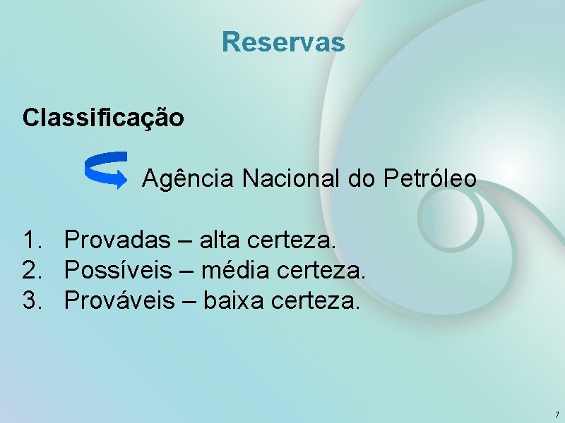 Reservas Classificação Agência Nacional do Petróleo 1. Provadas – alta certeza. 2. Possíveis –