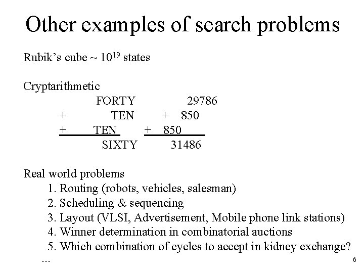 Other examples of search problems Rubik’s cube ~ 1019 states Cryptarithmetic FORTY 29786 +