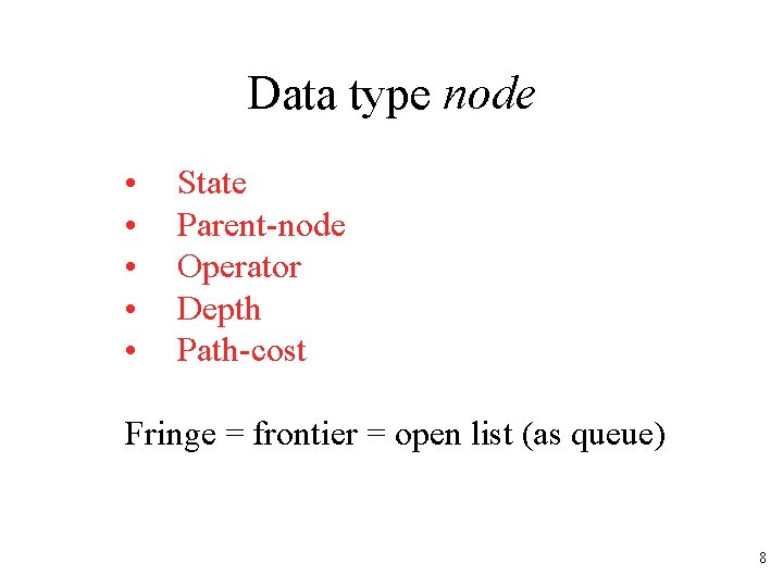 Data type node • State • Parent-node • Operator • Depth • Path-cost Fringe