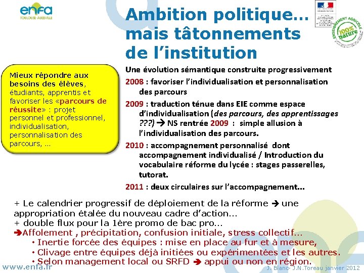 Ambition politique… mais tâtonnements de l’institution Mieux répondre aux besoins des élèves, étudiants, apprentis