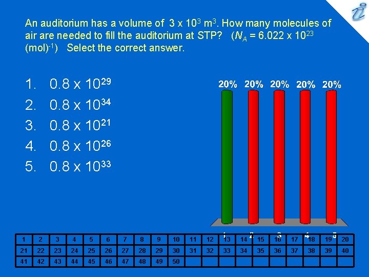 An auditorium has a volume of 3 x 103 m 3. How many molecules An auditorium has a volume of 3 x 103 m 3. How many molecules