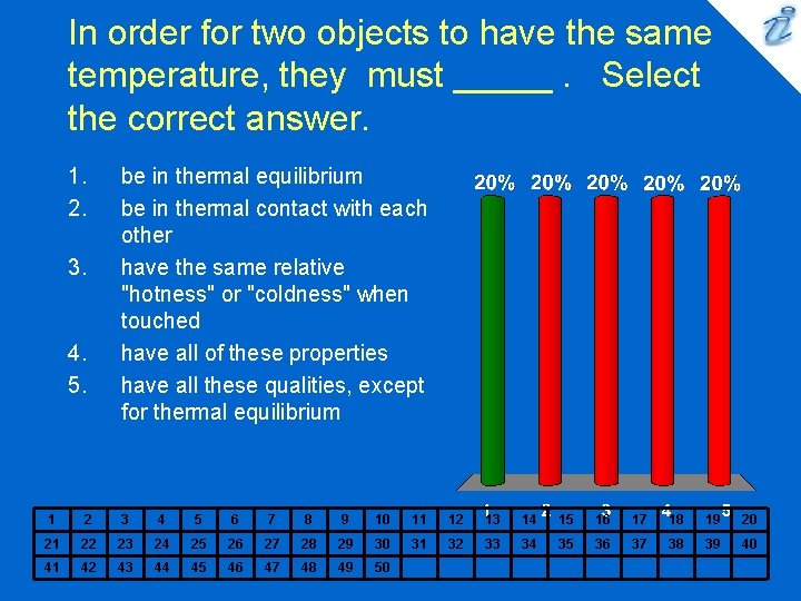 In order for two objects to have the same temperature, they must _____. Select In order for two objects to have the same temperature, they must _____. Select