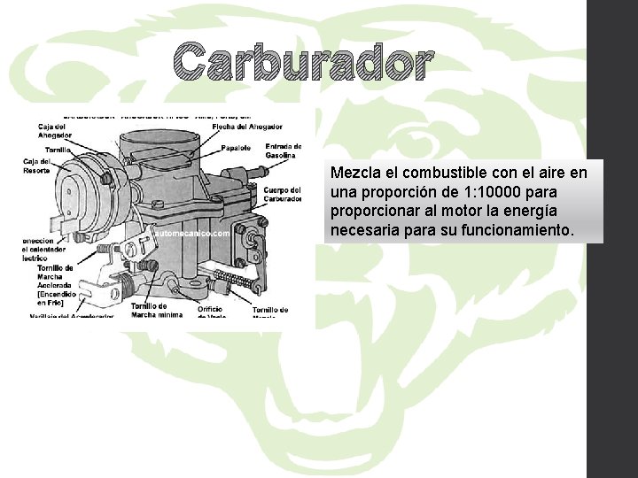 Carburador Mezcla el combustible con el aire en una proporción de 1: 10000 para