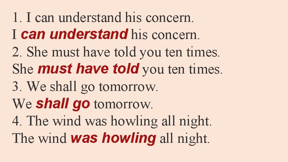 1. I can understand his concern. 2. She must have told you ten times.