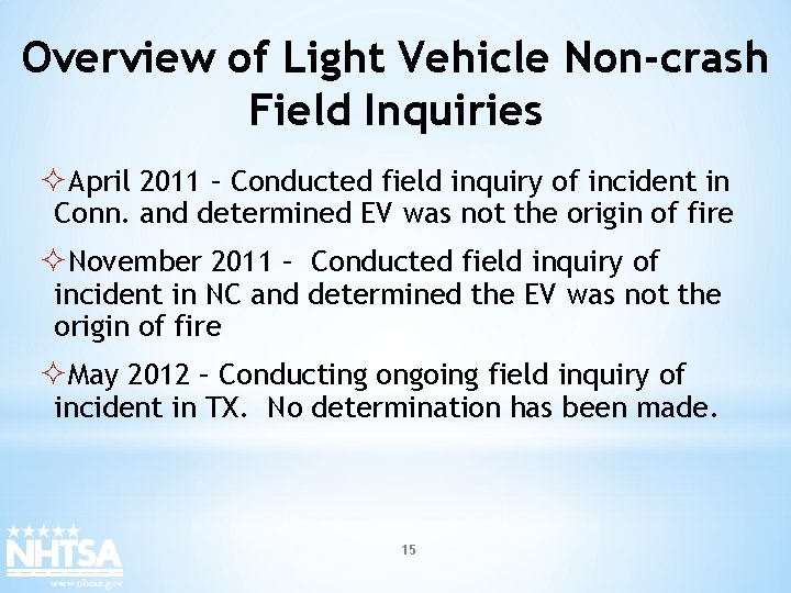 Overview of Light Vehicle Non-crash Field Inquiries ²April 2011 – Conducted field inquiry of
