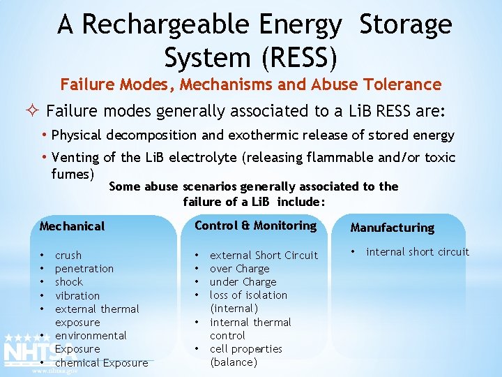 A Rechargeable Energy Storage System (RESS) Failure Modes, Mechanisms and Abuse Tolerance ² Failure