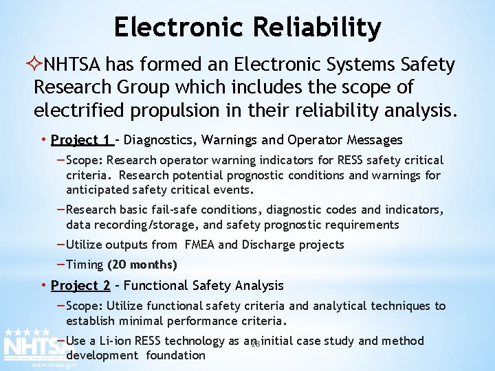 Electronic Reliability ²NHTSA has formed an Electronic Systems Safety Research Group which includes the