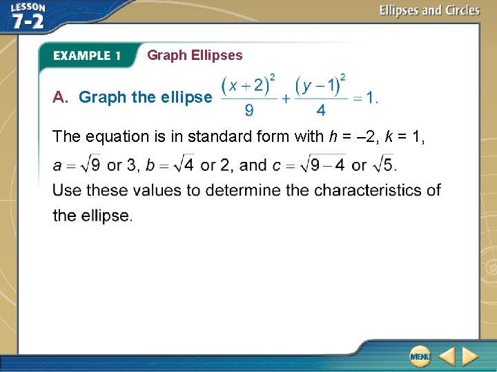 Graph Ellipses A. Graph the ellipse The equation is in standard form with h