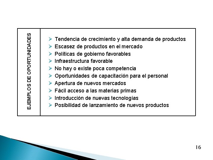 EJEMPLOS DE OPORTUNIDADES Ø Ø Ø Ø Ø Tendencia de crecimiento y alta demanda