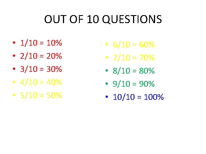 OUT OF 10 QUESTIONS • • • 1/10 = 10% 2/10 = 20% 3/10