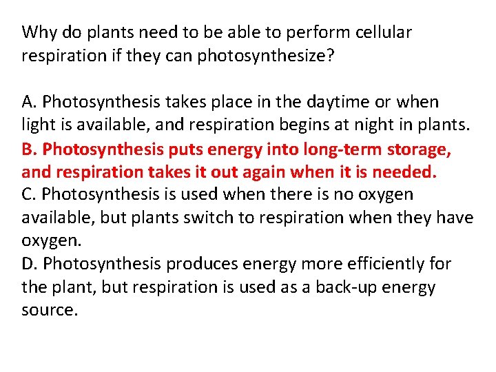 Why do plants need to be able to perform cellular respiration if they can