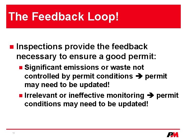 The Feedback Loop! n Inspections provide the feedback necessary to ensure a good permit:
