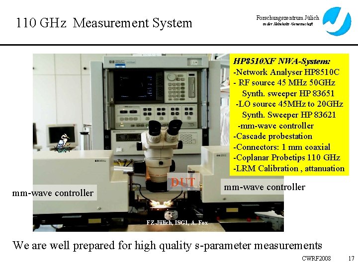 110 GHz Measurement System Forschungszentrum Jülich in der Helmholtz-Gemeinschaft HP 8510 XF NWA-System: -Network