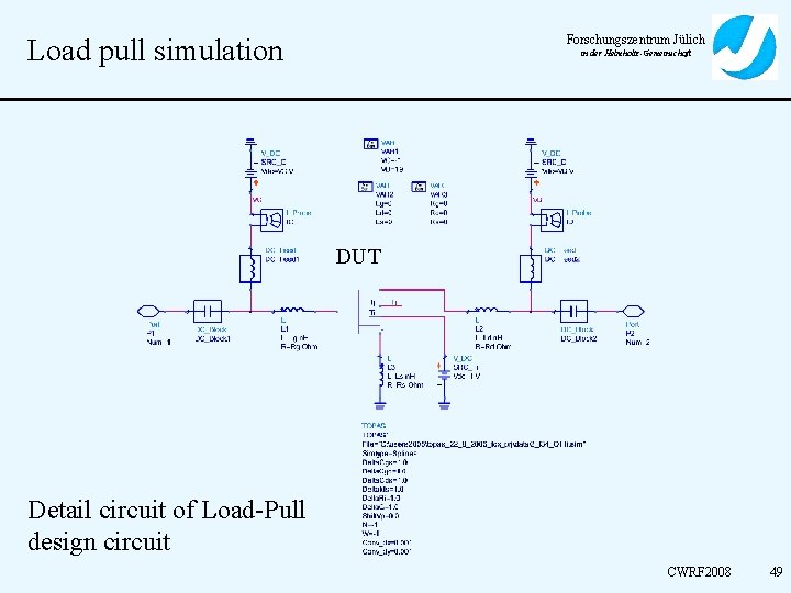 Forschungszentrum Jülich Load pull simulation in der Helmholtz-Gemeinschaft DUT Detail circuit of Load-Pull design