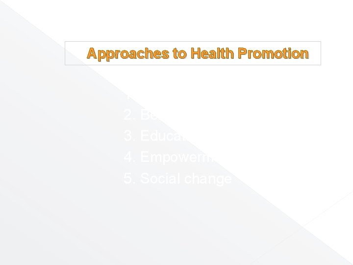 Approaches to Health Promotion 1. Medical 2. Behaviour change 3. Educational 4. Empowerment 5.