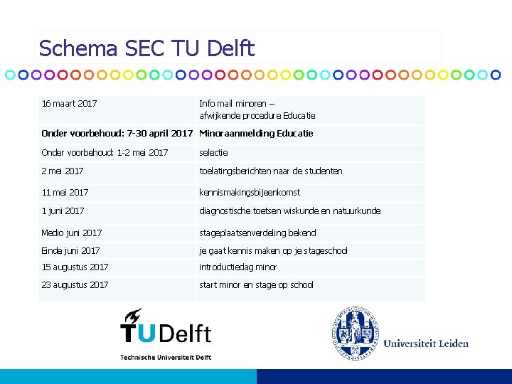 Schema SEC TU Delft 16 maart 2017 Info mail minoren – afwijkende procedure Educatie Schema SEC TU Delft 16 maart 2017 Info mail minoren – afwijkende procedure Educatie