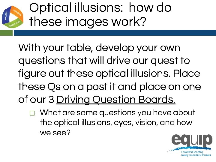 Optical illusions: how do these images work? With your table, develop your own questions