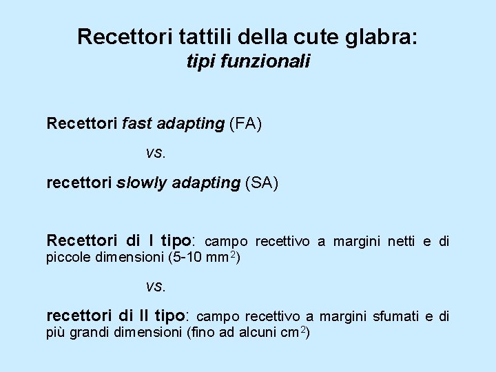 Recettori tattili della cute glabra: tipi funzionali Recettori fast adapting (FA) vs. recettori slowly