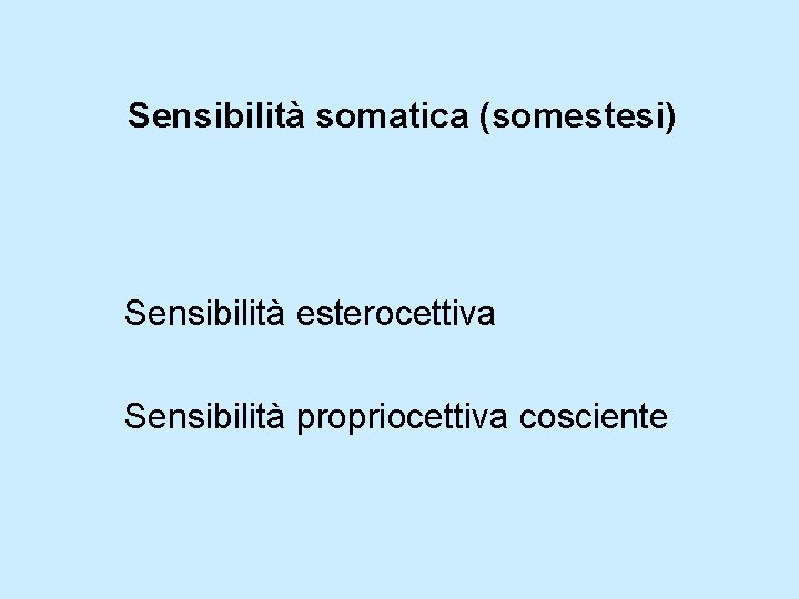 Sensibilità somatica (somestesi) Sensibilità esterocettiva Sensibilità propriocettiva cosciente 