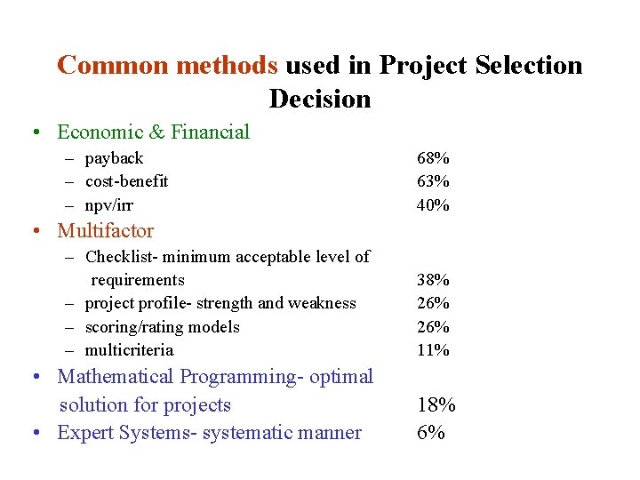 Common methods used in Project Selection Decision • Economic & Financial – payback –