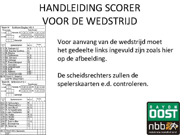 HANDLEIDING SCORER VOOR DE WEDSTRIJD Voor aanvang van de wedstrijd moet het gedeelte links HANDLEIDING SCORER VOOR DE WEDSTRIJD Voor aanvang van de wedstrijd moet het gedeelte links