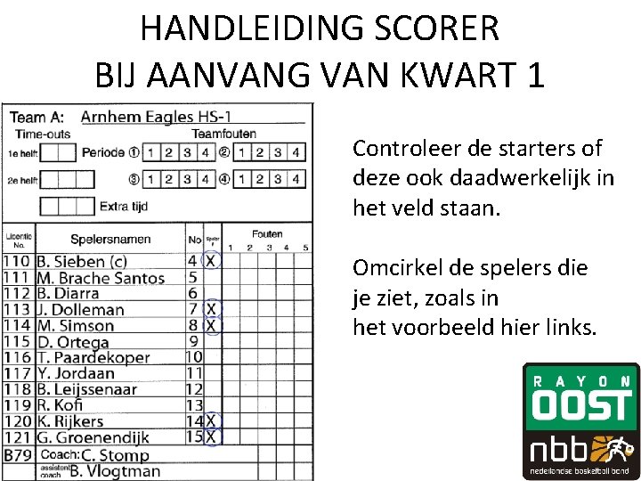 HANDLEIDING SCORER BIJ AANVANG VAN KWART 1 Controleer de starters of deze ook daadwerkelijk HANDLEIDING SCORER BIJ AANVANG VAN KWART 1 Controleer de starters of deze ook daadwerkelijk