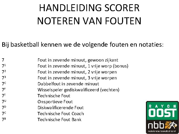 HANDLEIDING SCORER NOTEREN VAN FOUTEN Bij basketball kennen we de volgende fouten en notaties: HANDLEIDING SCORER NOTEREN VAN FOUTEN Bij basketball kennen we de volgende fouten en notaties: