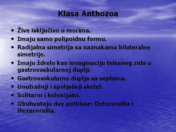 Klasa Anthozoa • Žive isključivo u morima. • Imaju samo polipoidnu formu. • Radijalna