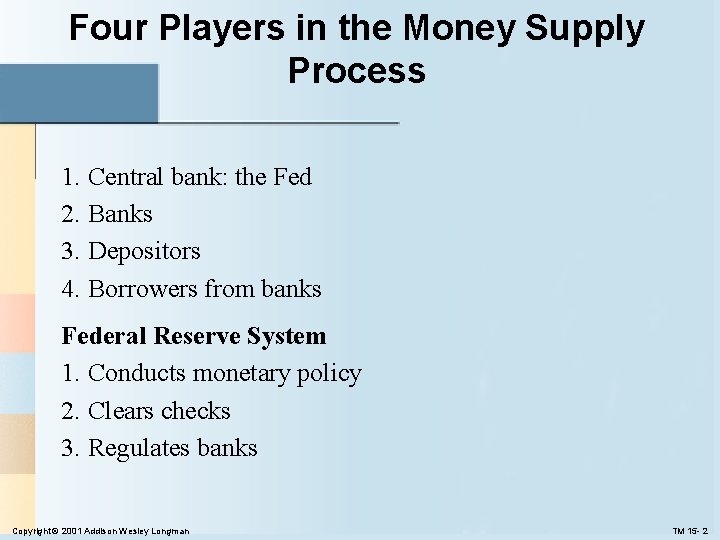Four Players in the Money Supply Process 1. Central bank: the Fed 2. Banks Four Players in the Money Supply Process 1. Central bank: the Fed 2. Banks