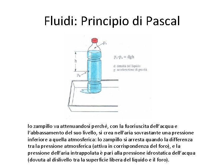 Fluidi: Principio di Pascal lo zampillo va attenuandosi perché, con la fuoriuscita dell’acqua e