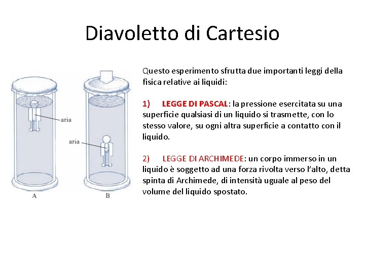 Diavoletto di Cartesio Questo esperimento sfrutta due importanti leggi della fisica relative ai liquidi: