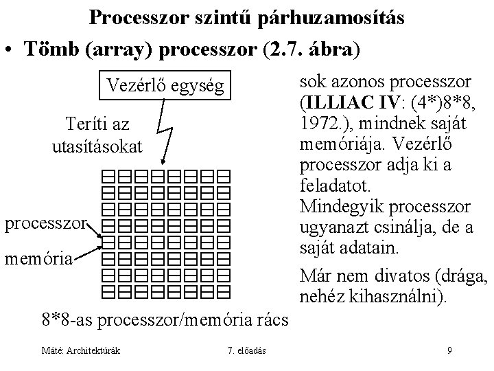 Processzor szintű párhuzamosítás • Tömb (array) processzor (2. 7. ábra) sok azonos processzor (ILLIAC