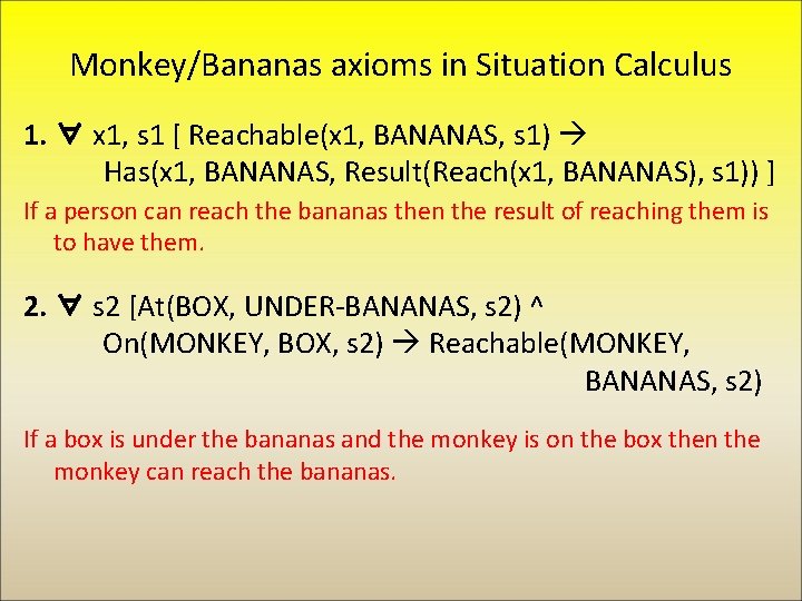 Monkey/Bananas axioms in Situation Calculus 1. ∀ x 1, s 1 [ Reachable(x 1,