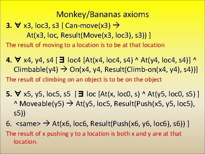 Monkey/Bananas axioms 3. ∀ x 3, loc 3, s 3 [ Can-move(x 3) At(x