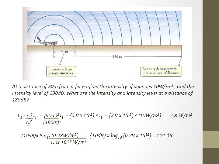 At a distance of 30 m from a jet engine, the intensity of sound At a distance of 30 m from a jet engine, the intensity of sound
