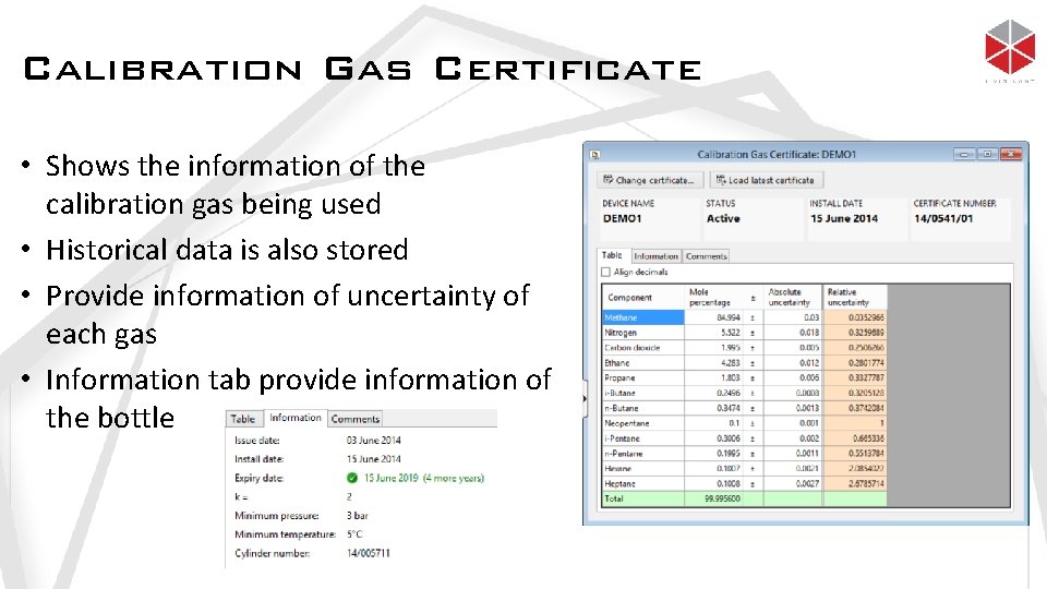 Calibration Gas Certificate • Shows the information of the calibration gas being used •