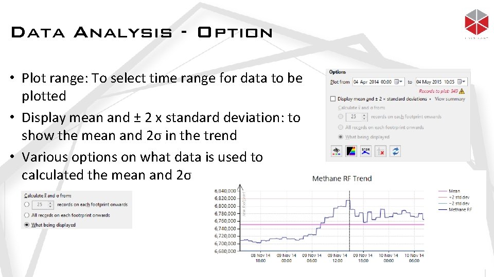Data Analysis - Option • Plot range: To select time range for data to
