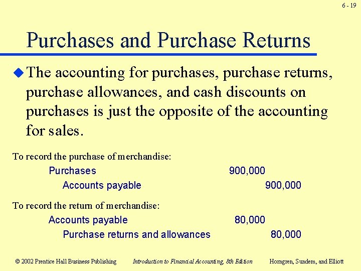6 - 19 Purchases and Purchase Returns u The accounting for purchases, purchase returns, 6 - 19 Purchases and Purchase Returns u The accounting for purchases, purchase returns,
