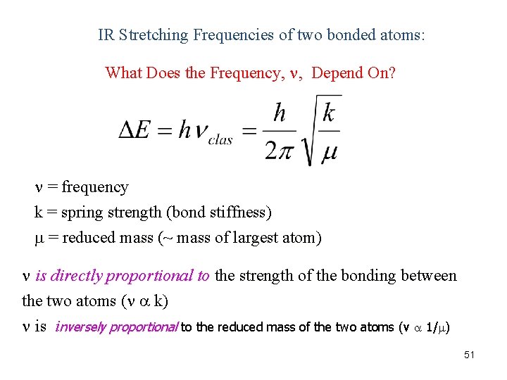 IR Stretching Frequencies of two bonded atoms: What Does the Frequency, , Depend On?