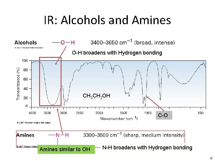 IR: Alcohols and Amines O-H broadens with Hydrogen bonding CH 3 CH 2 OH