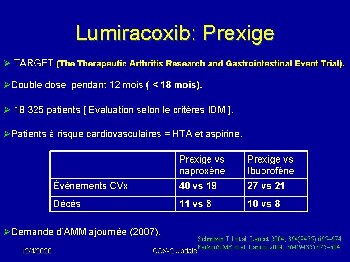 Lumiracoxib: Prexige Ø TARGET (The Therapeutic Arthritis Research and Gastrointestinal Event Trial). ØDouble dose