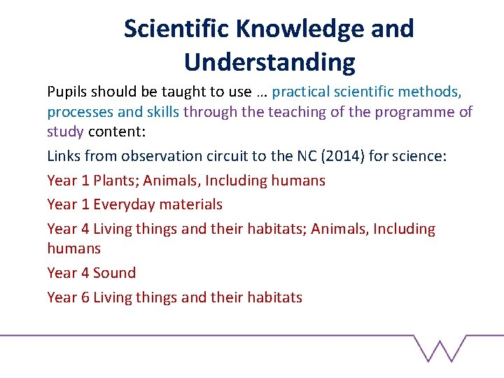 Scientific Knowledge and Understanding Pupils should be taught to use … practical scientific methods,
