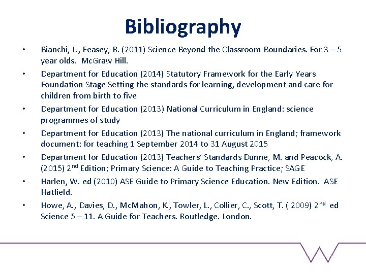 Bibliography • • Bianchi, L. , Feasey, R. (2011) Science Beyond the Classroom Boundaries.
