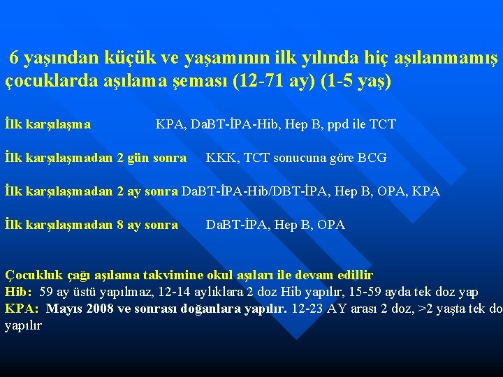 6 yaşından küçük ve yaşamının ilk yılında hiç aşılanmamış çocuklarda aşılama şeması (12 -71
